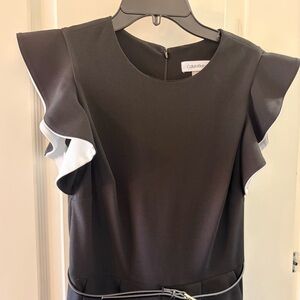 Calvin Klein Black Onesie Pant Suit with White-Trim Ruffle Sleeves and Belt, 2